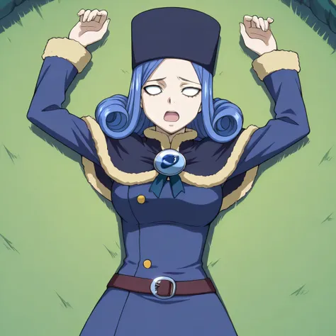 basejuvia, blue hair, curly hair, blank eyes, capelet, brooch, blue dress, fur trim, source anime, shiny skin, high quality, solo, lying, on back, arms up, cowboy shot, open eyes, open mouth, unconscious, on grass, looking at viewer,