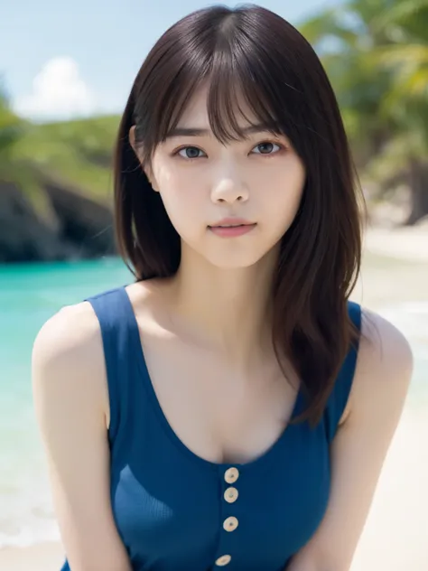  Greatest Masterpiece 、 TOP QUALITY , Ultra High Definition、Tight white ribbed tank top with buttons in the front、break、 pink hot pants 、break、１beautiful Japanese girls are standing at the edge of the waves、big breasts、 I can see a little cleavage 、 summer...