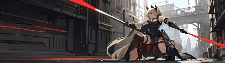 1 a girl, only, ,  fighting stance, Katana in hand, Large Massive Lightsabre, Oscillating sword, Katana highly detailed, (masterpiece), (the best quality), detailed eyes, beautiful hands, Straight hands, Shiny hair,  light blond hair , long hair, straight ...