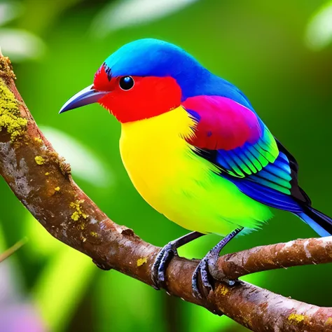 there is a bird that is sitting on a branch with moss, colorful bird with a long, beautiful detail and color, very colourful, a surrealistic bird, beautiful and graceful, beautiful colorful, colorful birds, highly colorful, beautiful and colorful, green he...