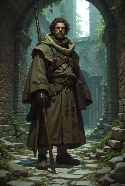 monk fitgther, white man with reading glasses brown curly hair, with a wooden staff, in ruins of a castle, Dark fantasy, RPG