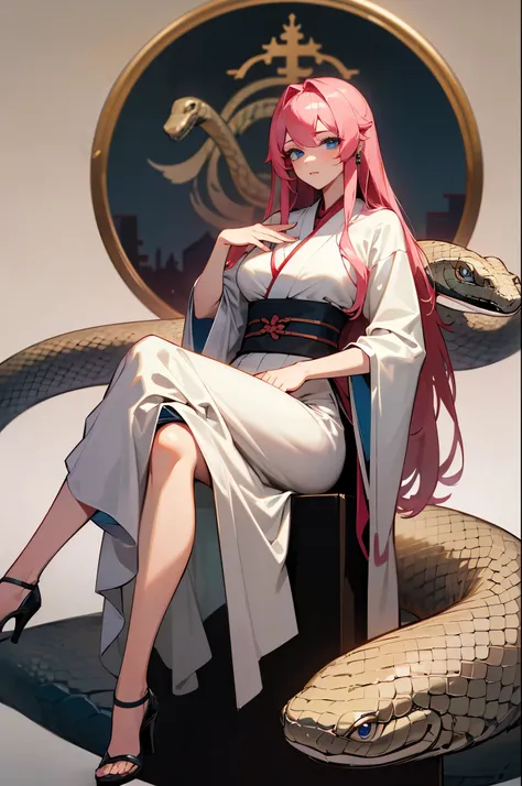 masterpiece, best quality, good quality, very aesthetic, absurdres, newest,1girl, delicate hanfu, animal, blue eyes, crossed legs, giant snake, girdle, high heels, jewelry, long hair, oversized animal, pink hair, snake, looking_at_viewer, Epic,Great,Mother...