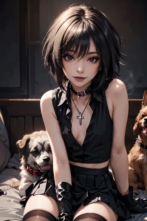 Girl, woman, emo_hairstyle, black lipstick, cross necklace, seductive smile, dog collar, eyeliner, eye shadow, smoky eyes, realistic lighting, short hair, shiny skin, flat chestt, short skirt, open shirt, sleeveless , thighhighs, elbow gloves.