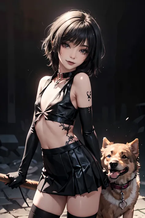 Girl, woman, emo_hairstyle, black lipstick, seductive smile, dog collar, tattoos, eyeliner, eye shadow, smoky eyes, realistic lighting, short hair, shiny skin, flat chestt, short skirt, open shirt, sleeveless , thighhighs, elbow gloves, standing up, arched...