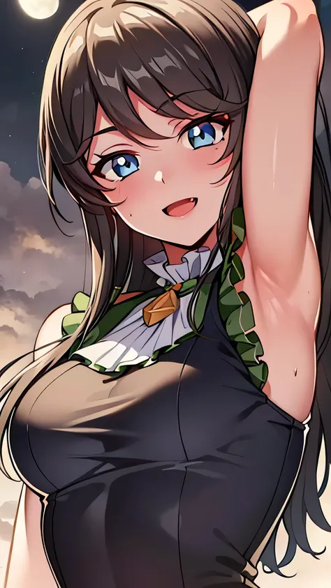 quality, masterpiece, highly detailed, 8k, masterpiece, tilly wimbledon, leotard, sleeveless, 1girl, smile, open mouth, blush, detailed face, detailed eyes, medium breast, blue eyes, top of mountain, night, moon, ((armpit)),  sweaty armpit