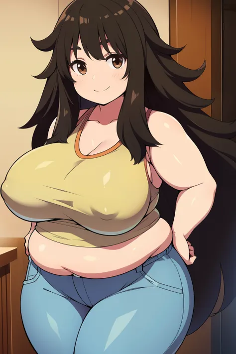 Chubby girl with big breasts black hair brown eyes happy long messy hair smiling 