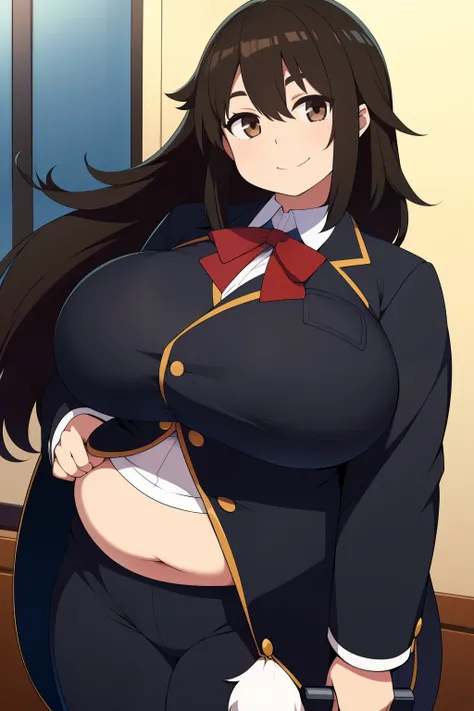 Chubby girl with big breasts black hair brown eyes happy long messy hair smiling black almorant uniform 