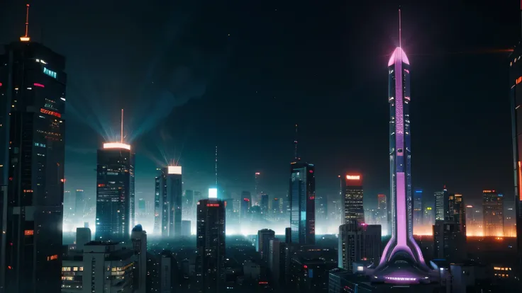 computer wallpaper: sci-fi style, Sci-fi city setting, Cyberpunk style with holograms, In the main colors being cyan, blue, pink and purple