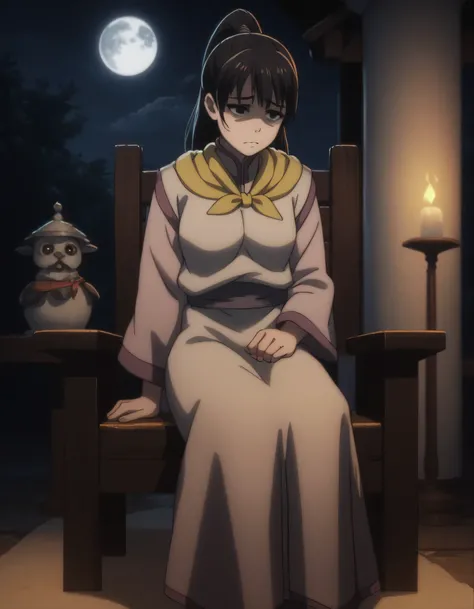 score_9, score_8_up, score_7_up, gsfghtr, multicolored robe, neckerchief, black hair, 1girl, sad, night, moon, in the temple, sit on chair