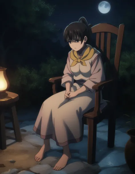 score_9, score_8_up, score_7_up, gsfghtr, multicolored robe, neckerchief, black hair, 1girl, sad, night, moon, in the temple, sit on chair