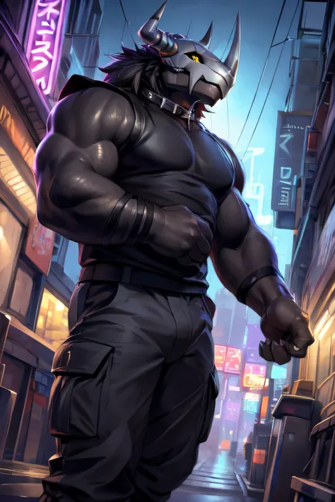 (by null-ghost, by darkgem, by kumak), (black wargreymon), black skin, black helmet, black mane, safe, markings, black sclera, yellow eyes, male, solo, black sleeveless sweatshirt, cargo pants, collar, fancy, night, city, akihabara, neon lights, ambient li...