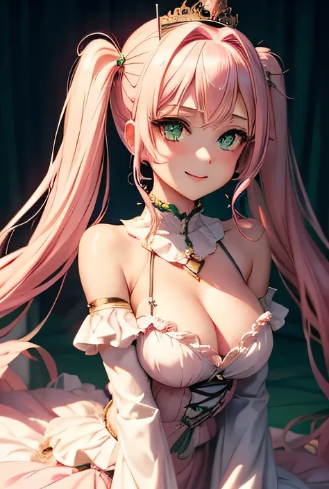 1women, light pink hair, green eyes, intense Eyes, dominant gaze. twin tails, queen dress, adult, medium breasts, dommy gaze, light smile