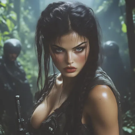 Beautiful young woman with long jet-black hair clutched in a braid. Luminous light porcelain skin, blue eyes, thick reddish lips, subtle makeup . She is wearing a black tank top with military pants that highlight her figure. He's holding a fake submachine...