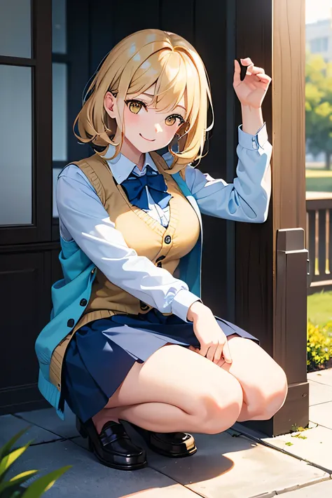 1 crouching adult woman, short wavy blonde hair, yellow eyes, medium breasts, short blue skirt, blue cardigan vest, loafers, open smiling face, full body image