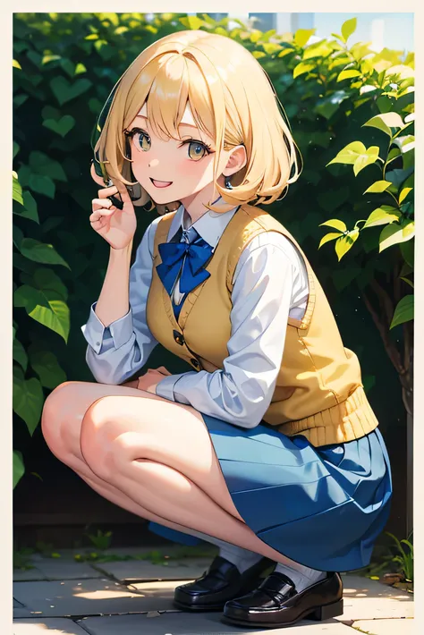 1 crouching adult woman, short wavy blonde hair, yellow eyes, medium breasts, short blue skirt, blue cardigan vest, loafers, open smiling face, full body image