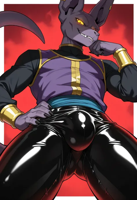 masterpiece, best quality, amazing quality, cowboy shot, furry, furry male, male, Beerus Dragon Ball, male, aged up, hand on own hip, smirk, [fangs], claws, (((NSFW, bulge, taking off latex pants))),  (bohemian clothing),  glowing eyes, simple background, ...