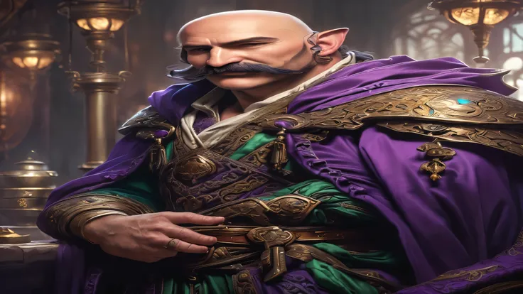 a close up of a man in a purple robe and a mustache, closeup portrait of an artificer, male artificer, fantasy card game art, tuomas korpi and wlop, portrait of a male hydromancer, closeup portrait of an mage, fantasy character portrait, detailed character...