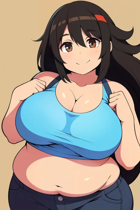 Chubby girl with big breasts black hair brown eyes happy long messy hair smiling 