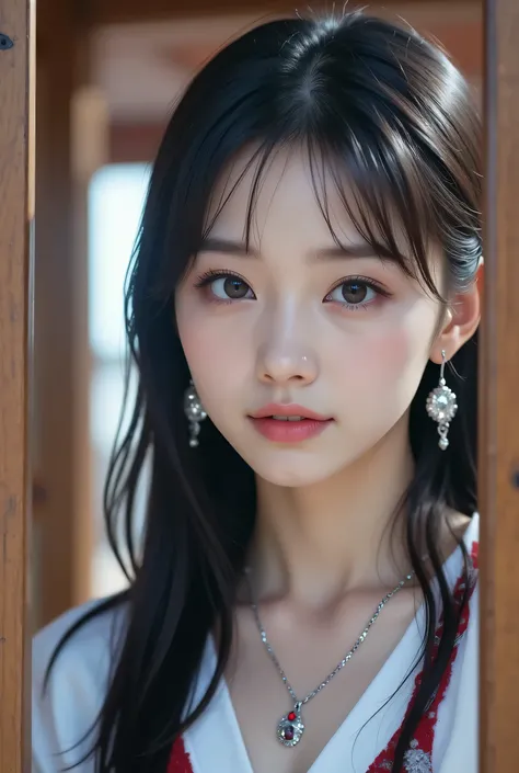 (  masterpiece:1.2,  TOP QUALITY ), ,{{    young woman alone:１８age:smile}} ,{{  large double eyelids：   mascara：   teardrop bags: long lashes::1.6}},(,  ,  sitting,,   open legs :1.7),break,
,break,(  Ruby Earrings, necklaces   ,,  small breasts , {{大きいNip...