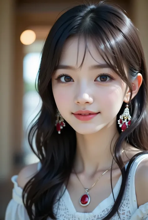 (  masterpiece:1.2,  TOP QUALITY ), ,{{    young woman alone:１８age:smile}} ,{{  large double eyelids：   mascara：   teardrop bags: long lashes::1.6}},(,  ,  sitting,,   open legs :1.7),break,
,break,(  Ruby Earrings, necklaces   ,,  small breasts , {{大きいNip...