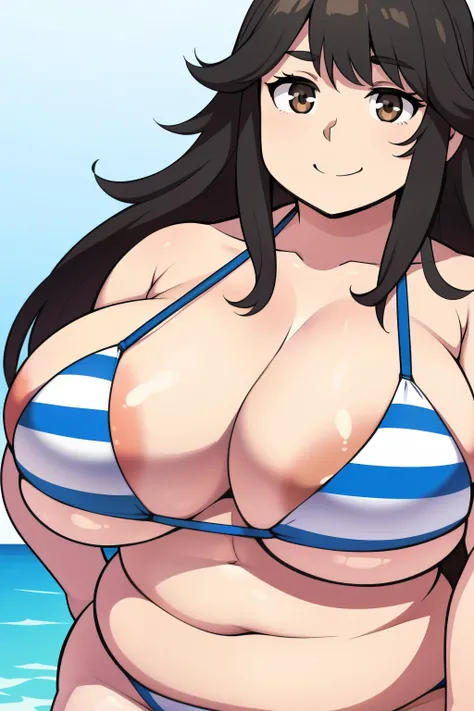 Chubby big boobs black hair brown eyes happy long messy hair smile derdere blue bikini with white stripes