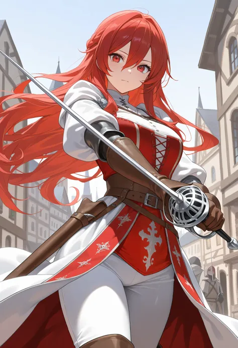 ((best quality)), ((masterpiece)), (detailed),  Woman, long red hair, red eyes, Medieval Dueslista costume,  holding a rapier ,city background
