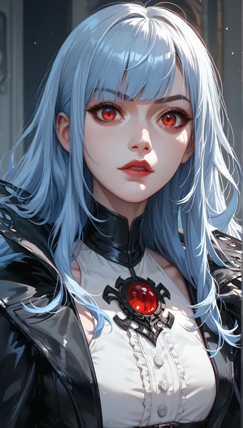 Pale blue hair,By bangs,long whitr hair,red color eyes,By bangs,s girl,Evil expressions,Villain expression