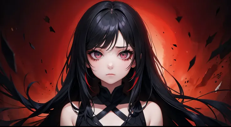 black long hair。woman。 sad表情。 black eyeliner。black eyeshadow。 bust up portrait。Horror games。 anime style。red dress。The artist's color 。 sad。Strong Will