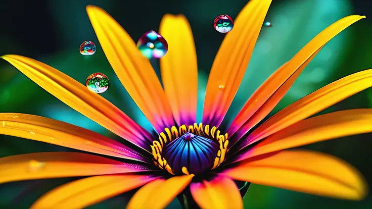 make small things, unusual flowers, with colorful，Like a kaleidoscope. The flowers stand out in a dense background, petals, imagine a vivid close-up. world reflected in every drop of water, Blurry Background,  tropical garden . inspired by Luca Martel's ar...