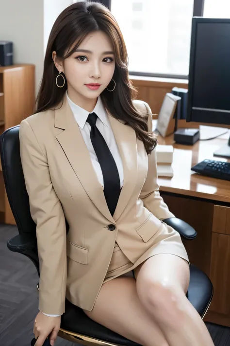 masterpiece、 best quality 、 real 、 very detailed on trends、 with finer details、High Resolution、8k wallpaper、1 beautiful woman、At the office、 Light Brown Disheveled Hair、 perfect dynamic configuration、 beautiful beautiful eyes、 Big Earrings 、 sitting on a c...