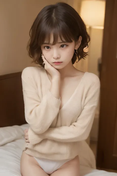 loli women, masterpiece, best quality, very short strong perm hair, no pants, very long knit wear, diamond earrings, diamond necklace, diamond bracelet, diamond ring, white panties, ((lshedding tears)), painful crying, angry face