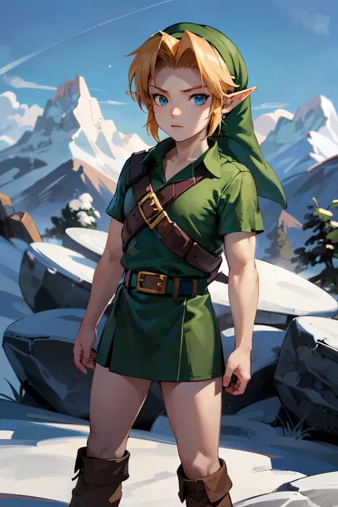 young link, Chico, by rubio, blue eyes, has, pointy ears, ((blue tunic, belt, Boots)), looking at the viewer, outside, mountain, mountain way extreme detail, HdR, beautiful quality, masterpiece,