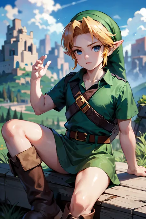 young link, Chico, by rubio, blue eyes, has, pointy ears, ((blue tunic, belt, Boots)), looking at the viewer, outside, mountain, mountain way extreme detail, HdR, beautiful quality, masterpiece,