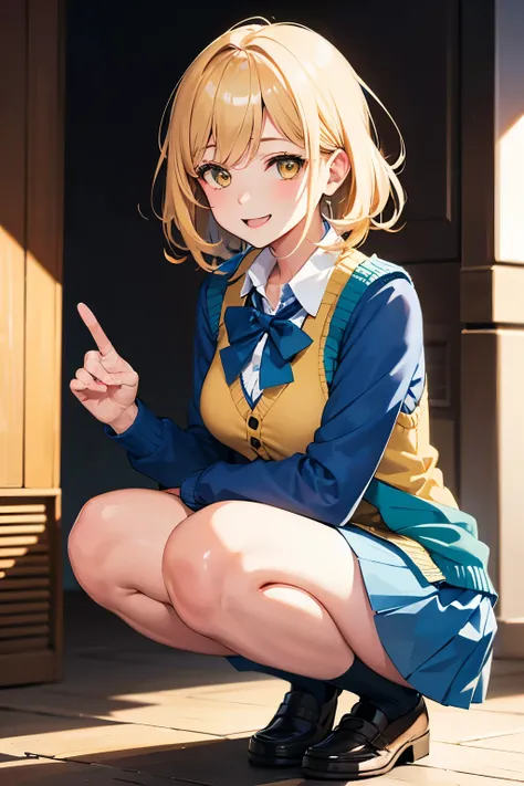 1 crouching adult woman, short wavy blonde hair, yellow eyes, medium breasts, short blue skirt, blue cardigan vest, loafers, open smiling face, full body image