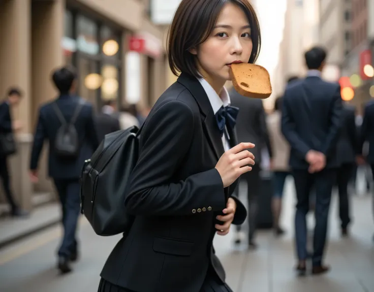 Dramatic Scene, shadow, Global Illumination, alone, Photo of a female student:1.331, realistic, Beautiful Japanese woman's face, On a downtown street:1.5, She's running in a hurry:2.0, side view :1.8, very realistic photo, super real, photoRealistic, per...