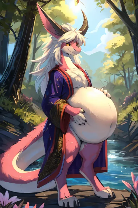 4k ultfigurelity, (4k full body view:1.0),ultra high detailed body,feral dragon,(cute face:1.3),pink fur,golden eyes,white belly fur,white hair,long hair,enormous body,(small head:1.3),round belly,side view,by Zackary911,drawn in the style of Akira Toriyam...