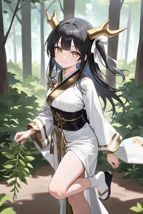 (Best quality, 4k, 8k, high resolution, masterpiece:1.2), ultra detailed, intricate details, SOLO, beautiful girl, alone, long black hair, bangs, one side of her hair adorned with a white ribbon with gold stripes, golden eyes, small-medium breasts, perfect...