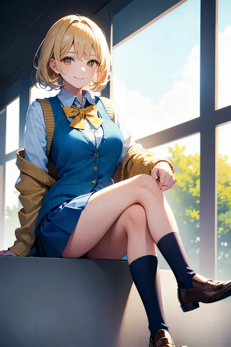 1 sitting adult woman, crossed legs, short wavy blonde hair, yellow eyes, medium breasts, short blue skirt, blue cardigan vest, loafers, open smiling face, full body image