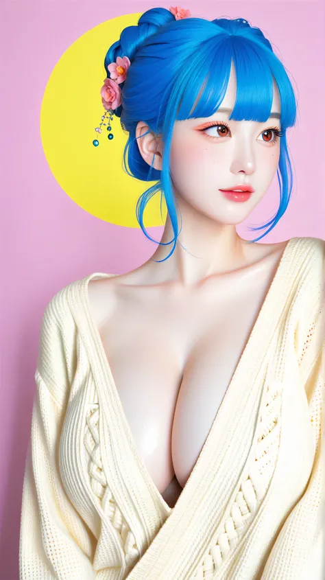 style retro classic, master piece:1.5、(minimal art, line drawing), illustrated anime, upper body, eye focus, (eyes looking off to the side), shiny skin, cartoonish character design。1 girl, alone，big eyes，Cute expression，1 bun，yellow loose sweater，hand，avat...