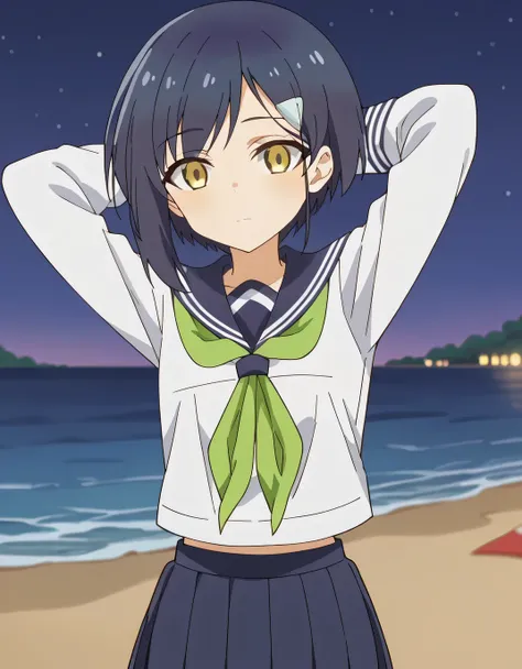 chiharu tsubameya, short hair, hair ornament, blue hair, yellow eyes, hairclip, shirt, long sleeves, school uniform, serafuku, sailor collar, neckerchief, blue sailor collar, skirt, pleated skirt, blue skirt, green neckerchief, anime screencap, shiny skin,...