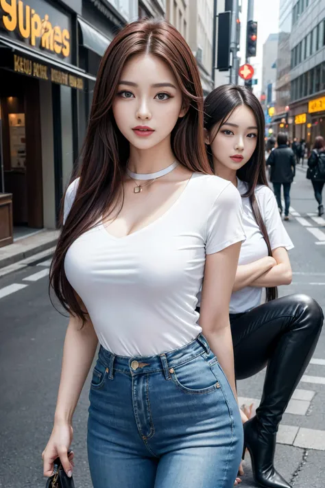 (( realistic lighting, best quality,  8,000,  masterpiece:1.3)), (Lock focus:1.2),  for 2 girls，beautiful woman with perfect body:1.4， beautiful Korean girl ， K-pop idol ，big blue eyes，Double eyelid long lashes ，plump sexy red lips，Complex and detailed fac...