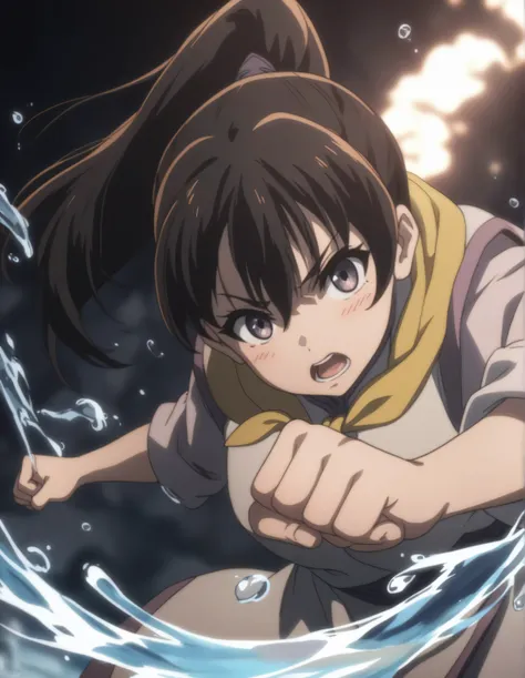 score_9,  score_8_up, score_7_up, gsfghtr, multicolored robe, neckerchief, black hair, ((open mouth)),
cinematic Lighting, 1girl,solo,looking at viewer,blush,closed mouth,fighting stance, water surrounding