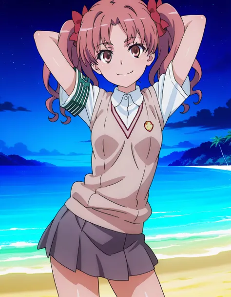 Shirai Kuroko
long hair,pink hair,wavy hair,twintails,hair bow,red bow,hair ribbon,red ribbon,parted bangs,pink eyes
tokiwadai school uniform,brown sweater vest,white shirt,collared shirt,armband,short sleeves,small breasts,miniskirt,grey skirt,pleated ski...