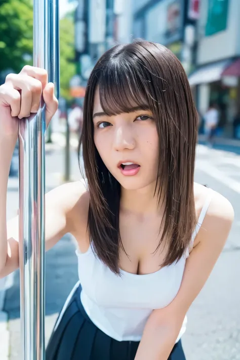 Close-up of face, (lean against a pole:1.5), ( top quality, masterpiece:1.2), highly detailed , high res, 8k Wallpaper, perfect dynamic composition, Eyes with Attention to Details , look up at the sky, summer trend fashion, open mouth, licking, gape ...
