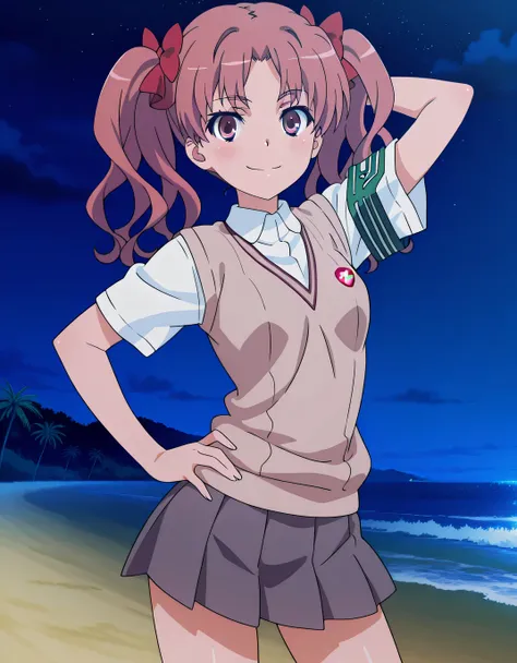Shirai Kuroko
long hair,pink hair,wavy hair,twintails,hair bow,red bow,hair ribbon,red ribbon,parted bangs,pink eyes
tokiwadai school uniform,brown sweater vest,white shirt,collared shirt,armband,short sleeves,small breasts,miniskirt,grey skirt,pleated ski...