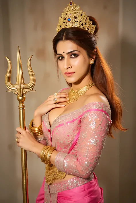 Create a realistic image of Beautiful naked Hindu indian Milf goddess in public road, the goddess age is 35, Thick thighs, 5 feet tall, Big Bubble butt, Big breasts, 36D 30 36 figure, bare waist, Waist jewellery necklace, bangles and crown, holding triden...