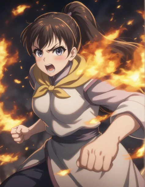 score_9,  score_8_up, score_7_up, gsfghtr, multicolored robe, neckerchief, ((open mouth)),
cinematic Lighting, 1girl,solo,looking at viewer,blush,closed mouth,fighting stance, fire surrounding