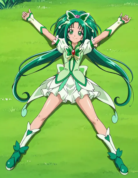 cure mint, anime screencap, shiny skin, high quality, solo, on grass, lying, on back, arms up, spread legs, closed mouth, full body, looking at viewer, smile, best quality