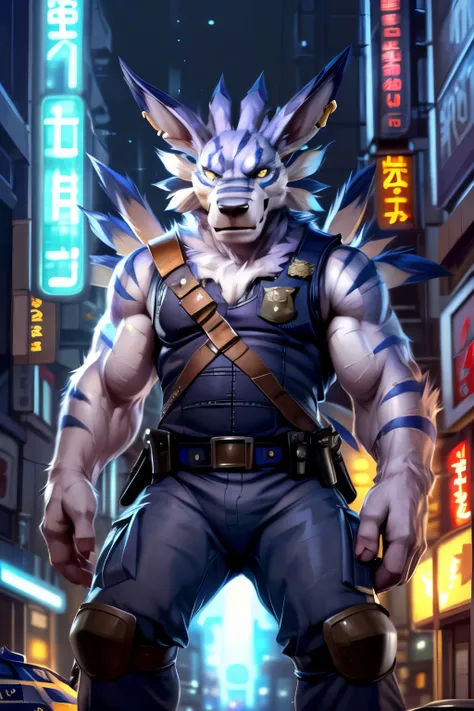 ((((by null-ghost, by darkgem, by kumak))), (weregarurumon), detailed fur, detailed eyes, finely detailed paws, tail, yellow iris, white sclera, safe, markings, male, solo, (police uniforn sleeveless:1.6), cargo pants, solo, muscular, fancy, a paws on the ...