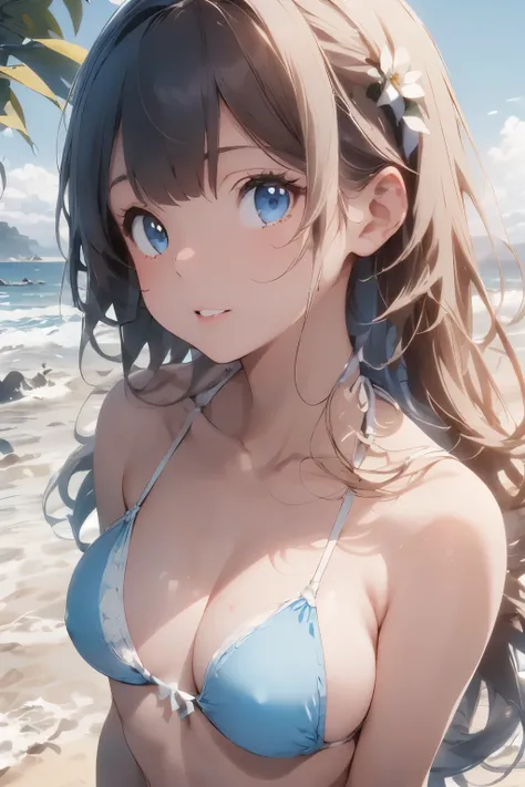 ((Top Quality)), ((Excellent)), (Detailed),((Japanese)),Ultra-realistic and stunning environment, deserted spring grassland, dark hair, (very young girl), ((white wedding bikini)), ((long hair)), outdoors, ((blue eyes)), ((seaside church)), carefree, ((sea...